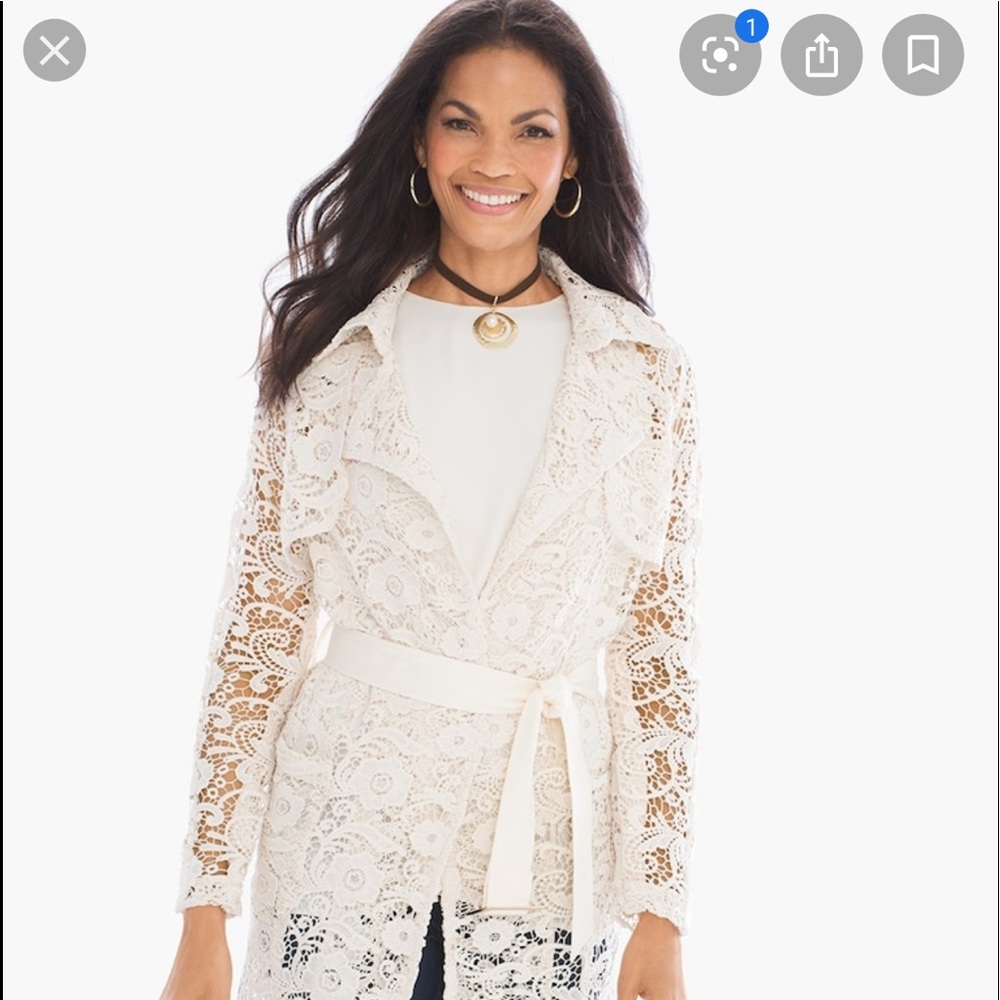 Chico’s cream lace trench w/pockets & gold button